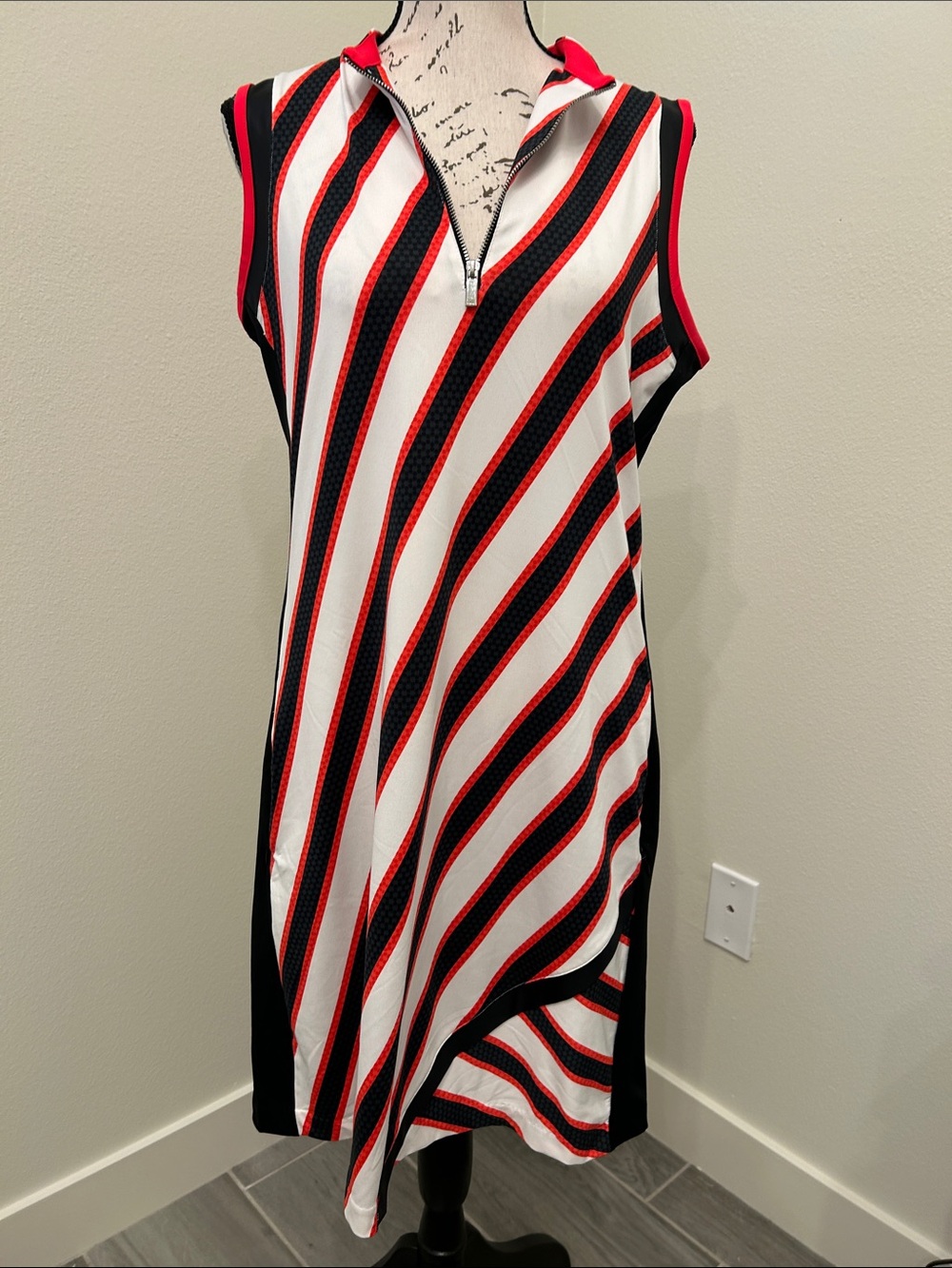Tail Spirts Dress with Diagonal Black, White & Red Stripes